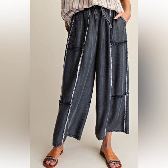 easel Pants - Small - 3X 362 1-G ❤️ BLACK EASEL SELF FRAY WASHED CHAMBRAY PALAZZO
PLUS PANTS